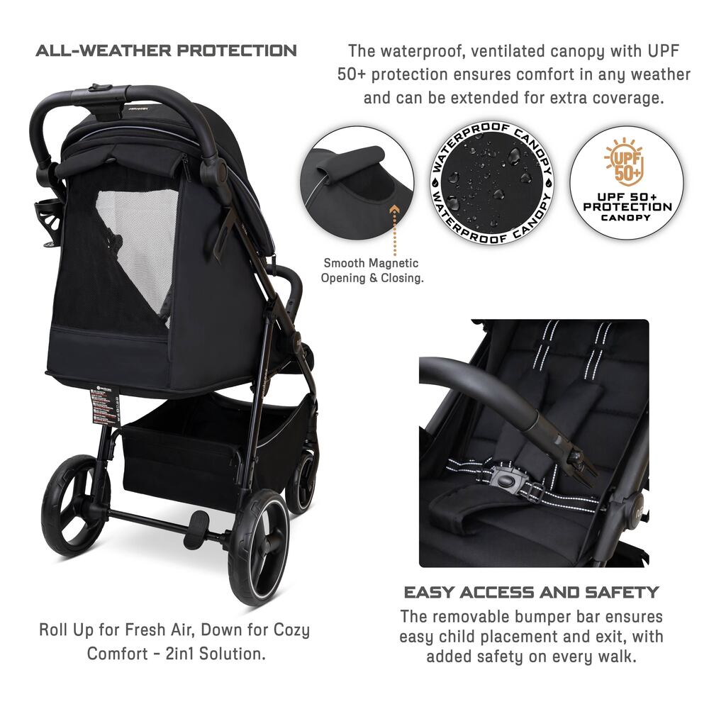 Neobreez Tetra Lightweight Pushchair Stroller with Cup Holder Black