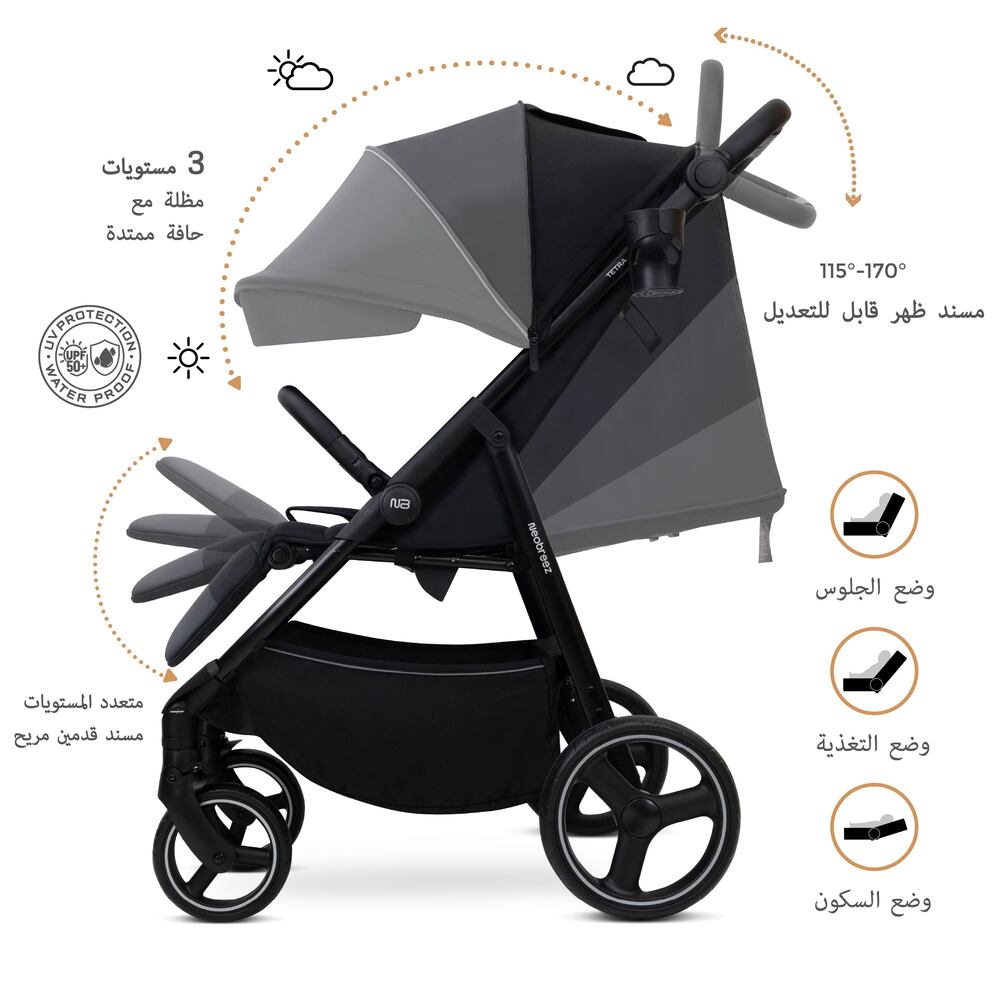 Neobreez Tetra Lightweight Pushchair Stroller with Cup Holder Black