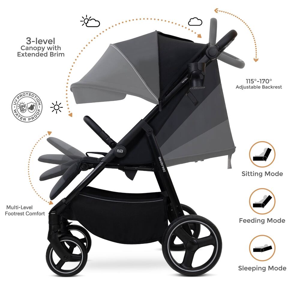 Neobreez Tetra Lightweight Pushchair Stroller with Cup Holder Black
