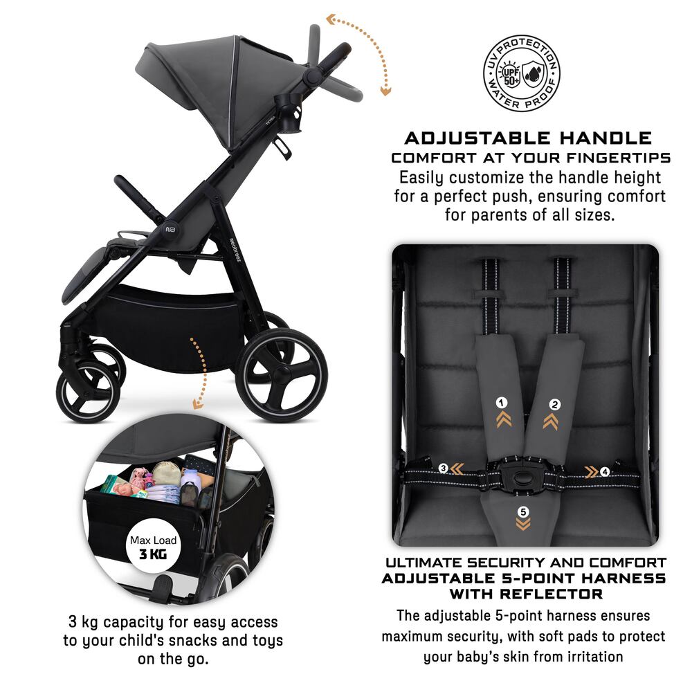 Neobreez Tetra Lightweight Pushchair Stroller with Cup Holder Grey