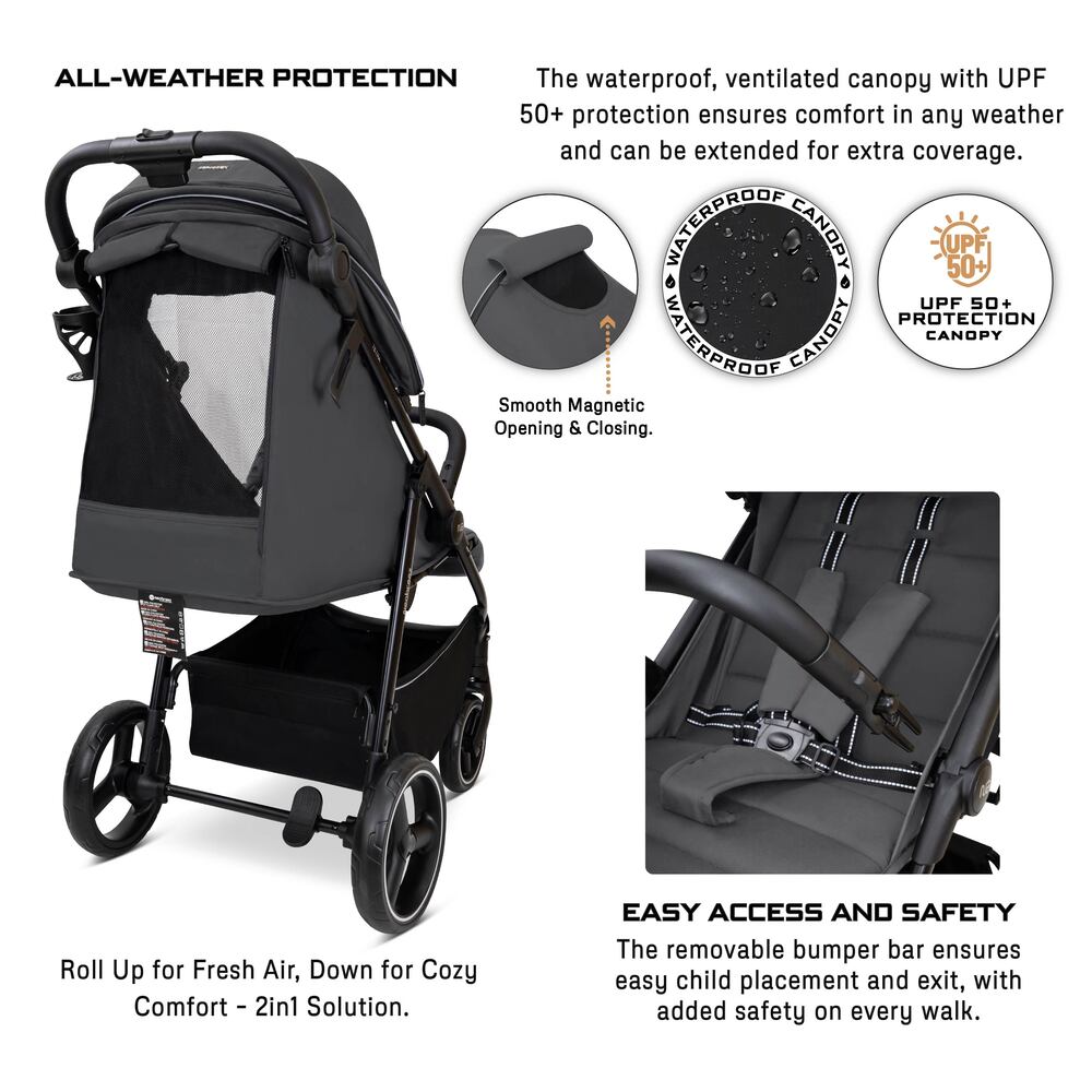 Neobreez Tetra Lightweight Pushchair Stroller with Cup Holder Grey