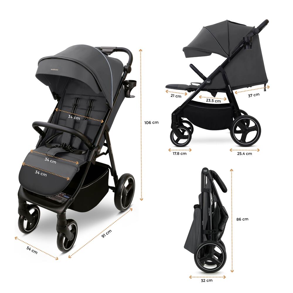 Neobreez Tetra Lightweight Pushchair Stroller with Cup Holder Grey
