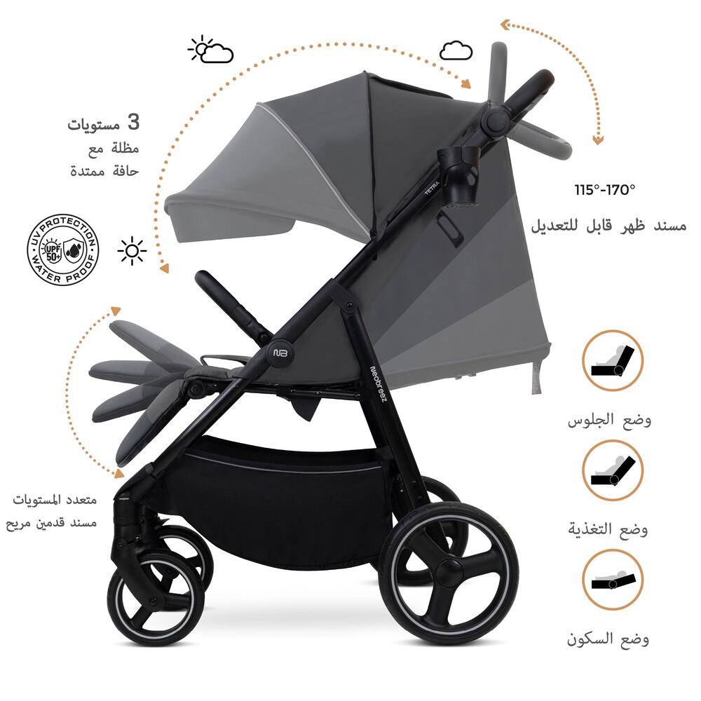 Neobreez Tetra Lightweight Pushchair Stroller with Cup Holder Grey