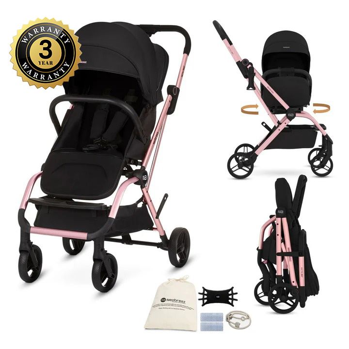 عربة أطفال Neobreez Octa 360 درجة خفيفة الوزن ومدمجة للسفر باللون الأسود