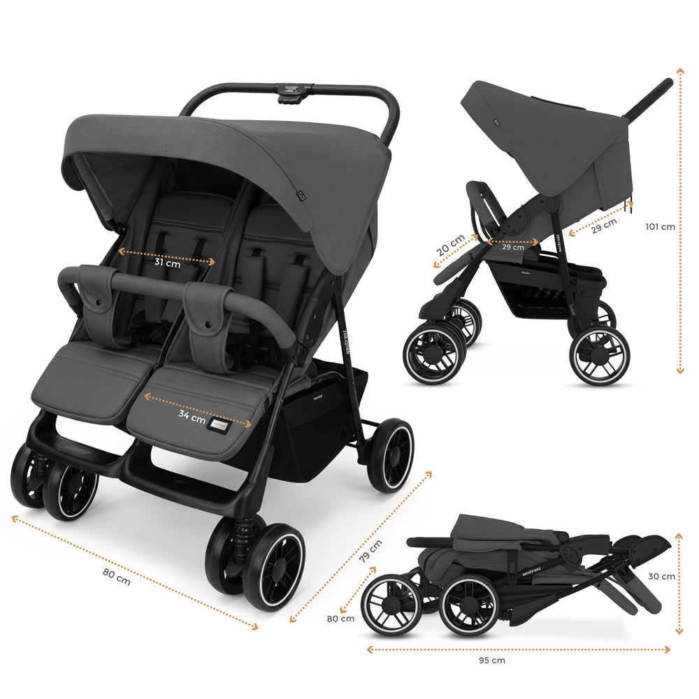 Neobreez Duadx Double Compact Twin Stroller Grey