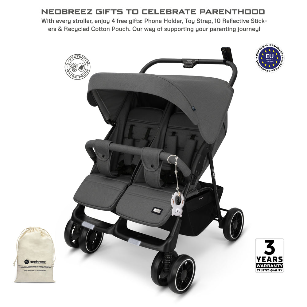 Neobreez Duadx Double Compact Twin Stroller Grey