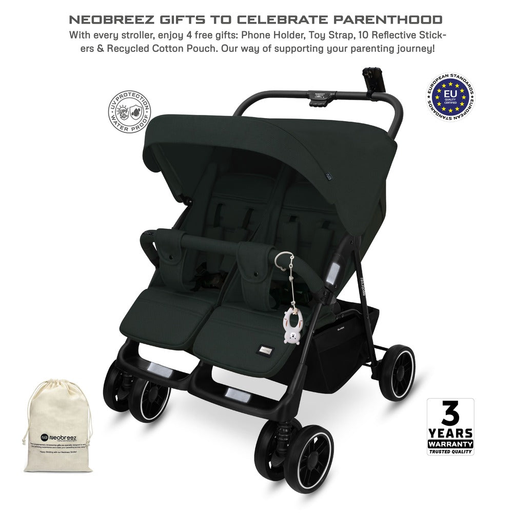 Neobreez Duadx Double Compact Twin Stroller Black