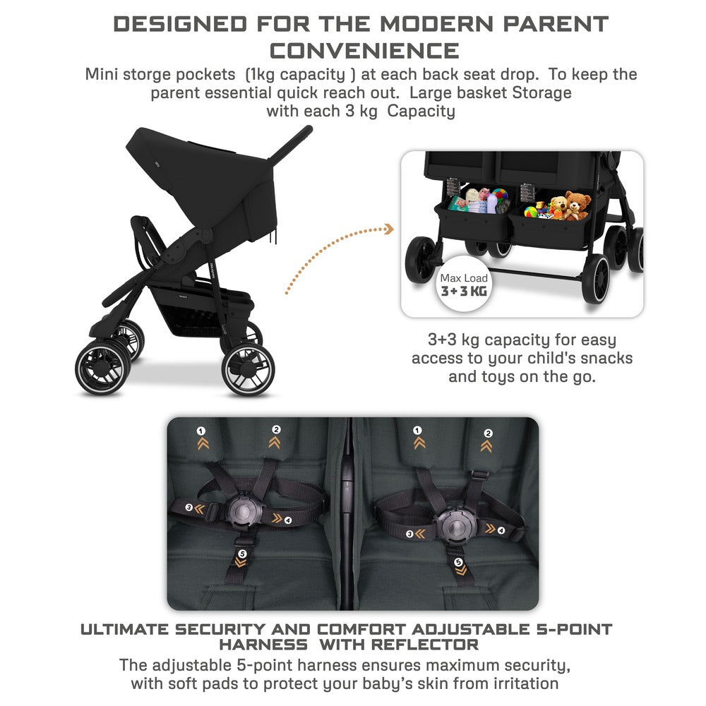 Neobreez Duadx Double Compact Twin Stroller Black