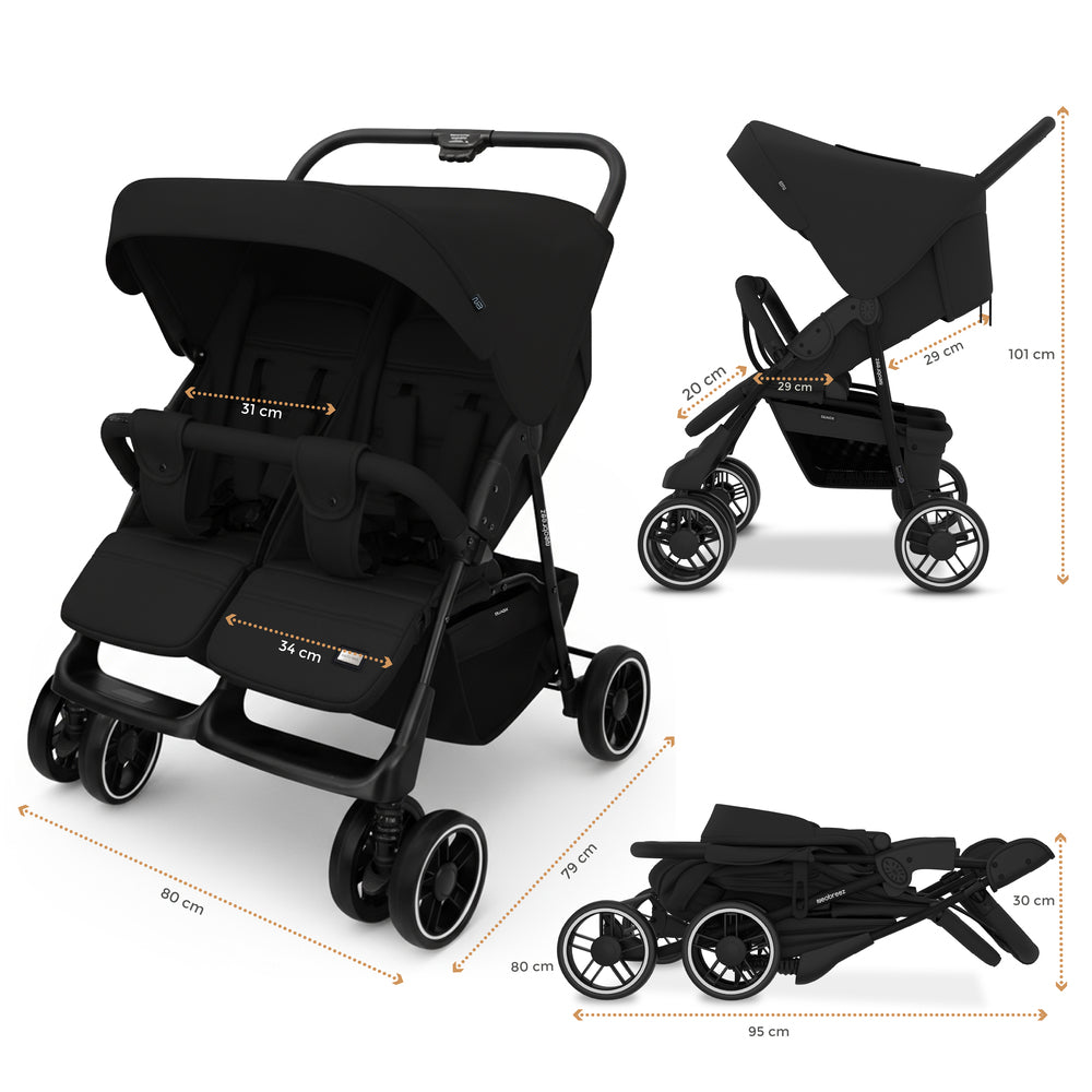Neobreez Duadx Double Compact Twin Stroller Black
