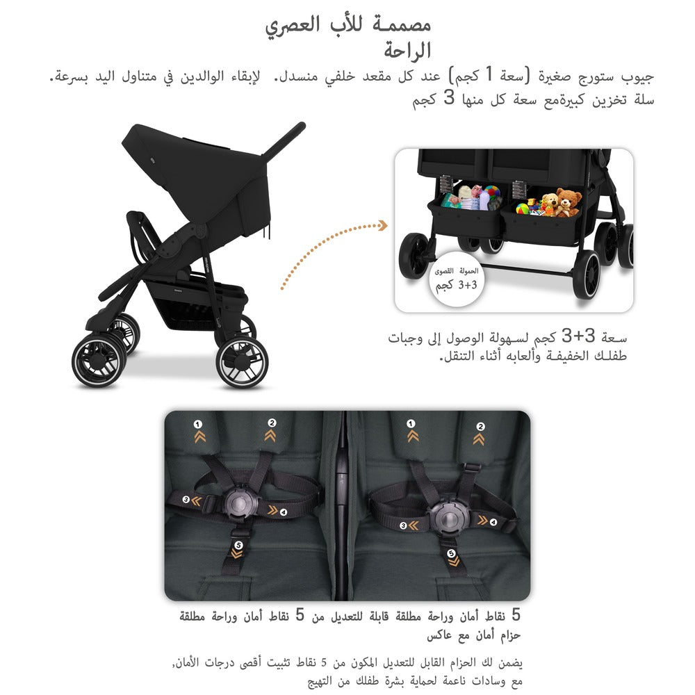 Neobreez Duadx Double Compact Twin Stroller Black