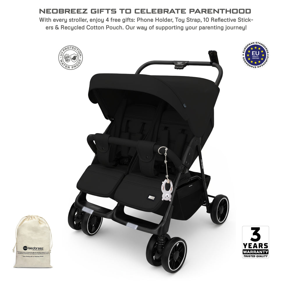 Neobreez Duadx Double Compact Twin Stroller Black
