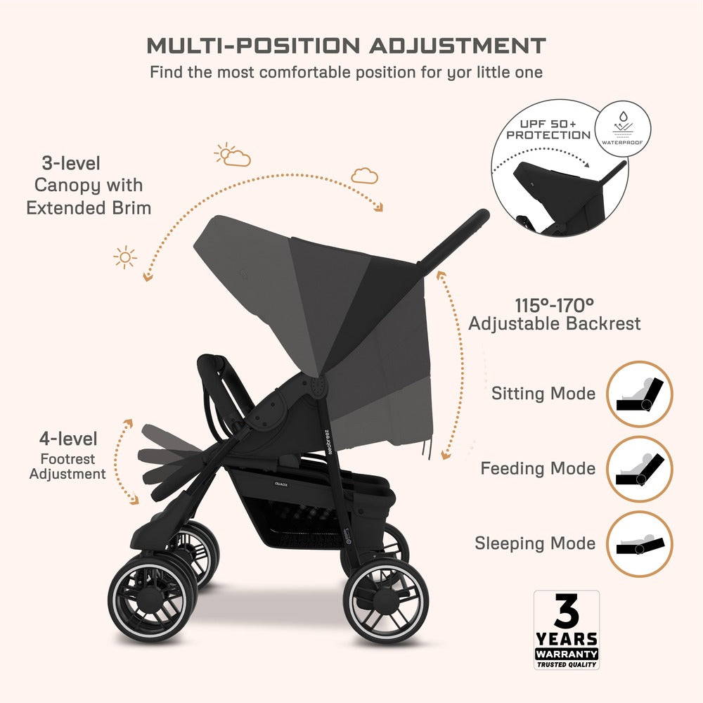 Neobreez Duadx Double Compact Twin Stroller Black