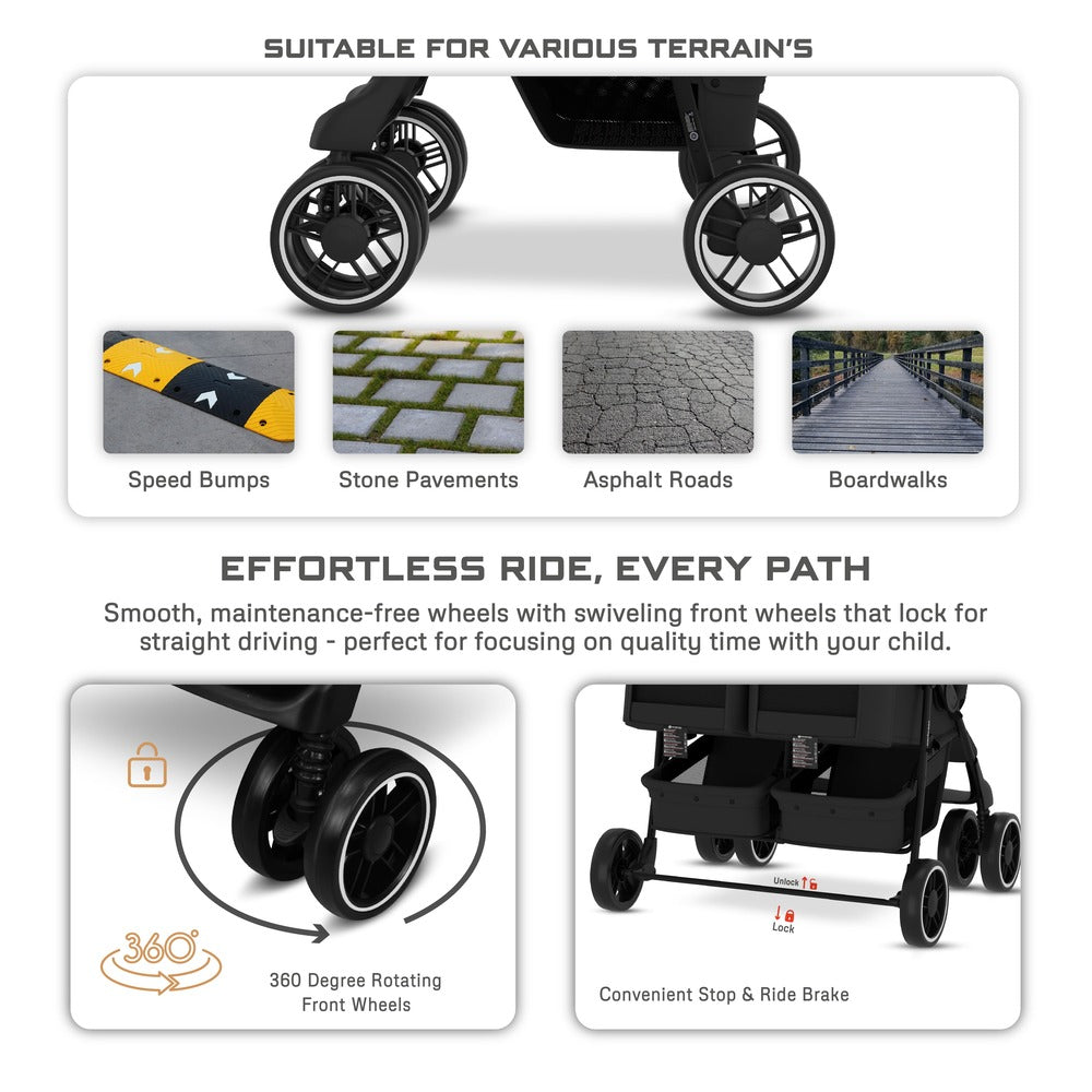 Neobreez Duadx Double Compact Twin Stroller Black