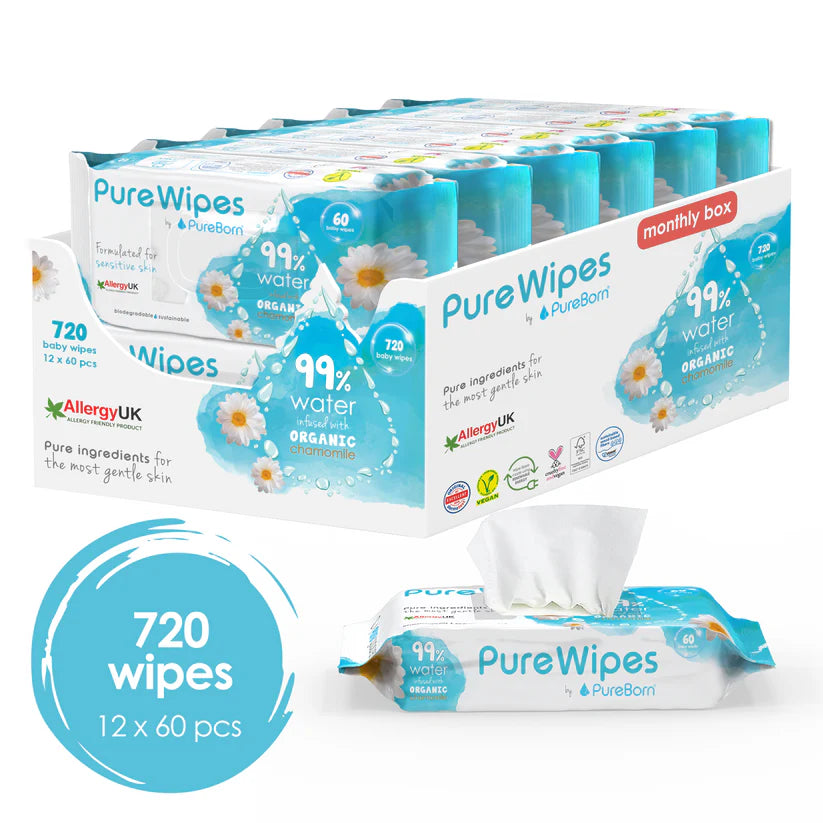 مناديل بيوربورن للأطفال معززة بالبابونج العضوي، 720 منديل