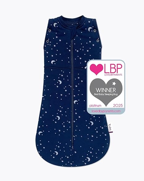 Sweet Dreamers Organic Cotton Baby Sleeping Bag Blue Moon and Stars 2.5 Tog 3 to 12months
