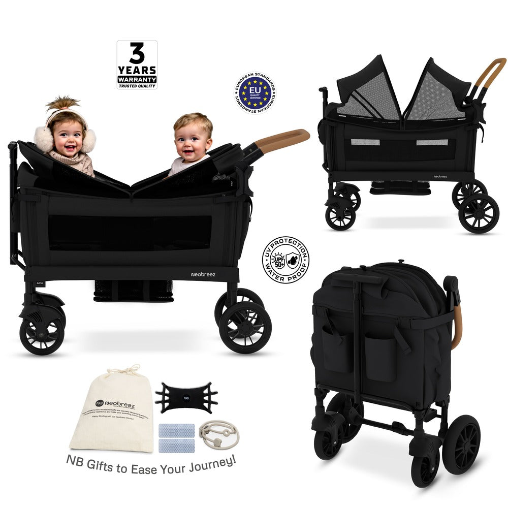 Neobreez ADVI Wagon Cargo Push and Pull Foldable Double Stroller Black