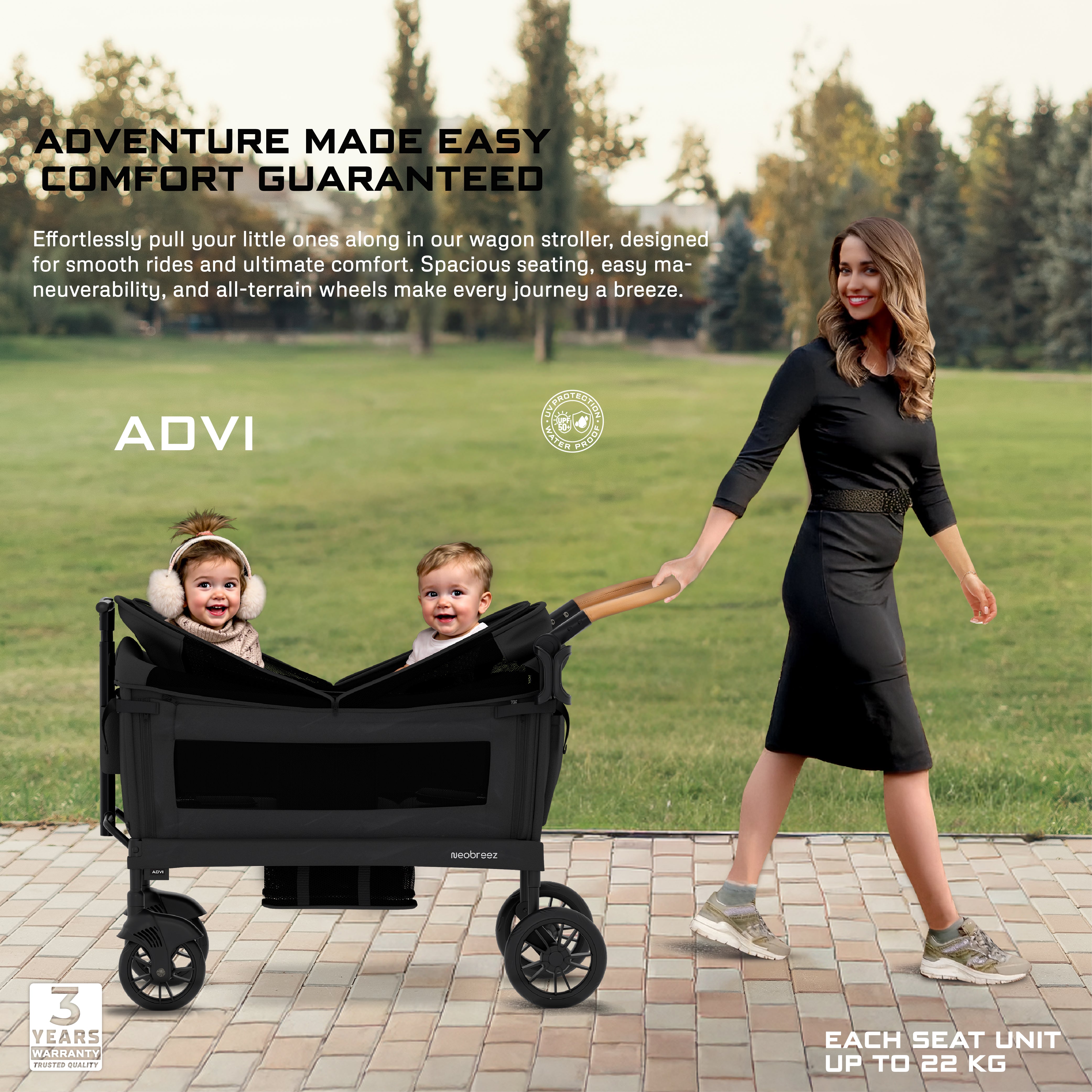 Neobreez ADVI Wagon Cargo Push and Pull Foldable Double Stroller Black