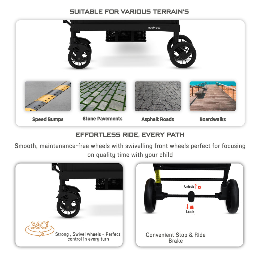 Neobreez ADVI Wagon Cargo Push and Pull Foldable Double Stroller Black