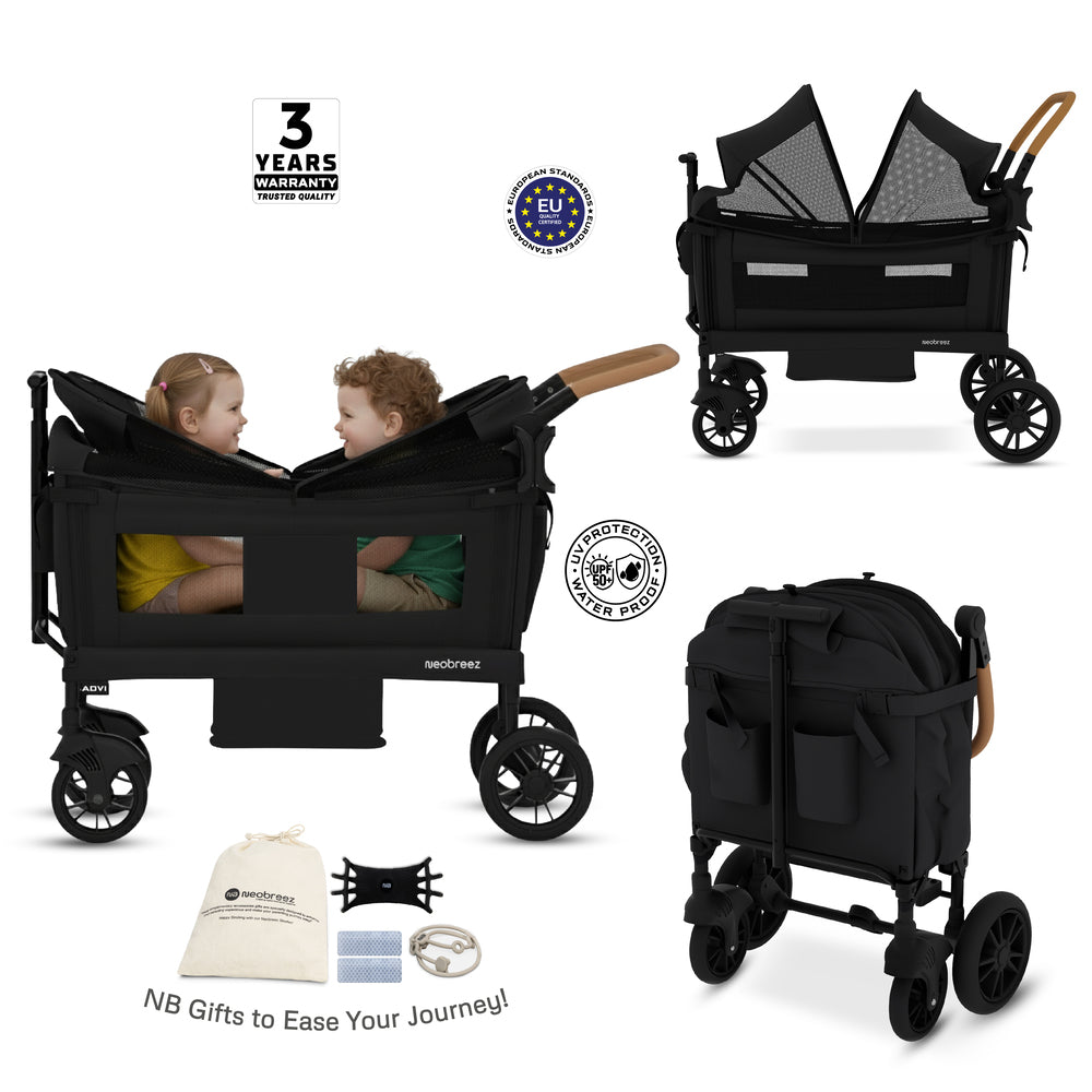 Neobreez ADVI Wagon Cargo Push and Pull Foldable Double Stroller Black