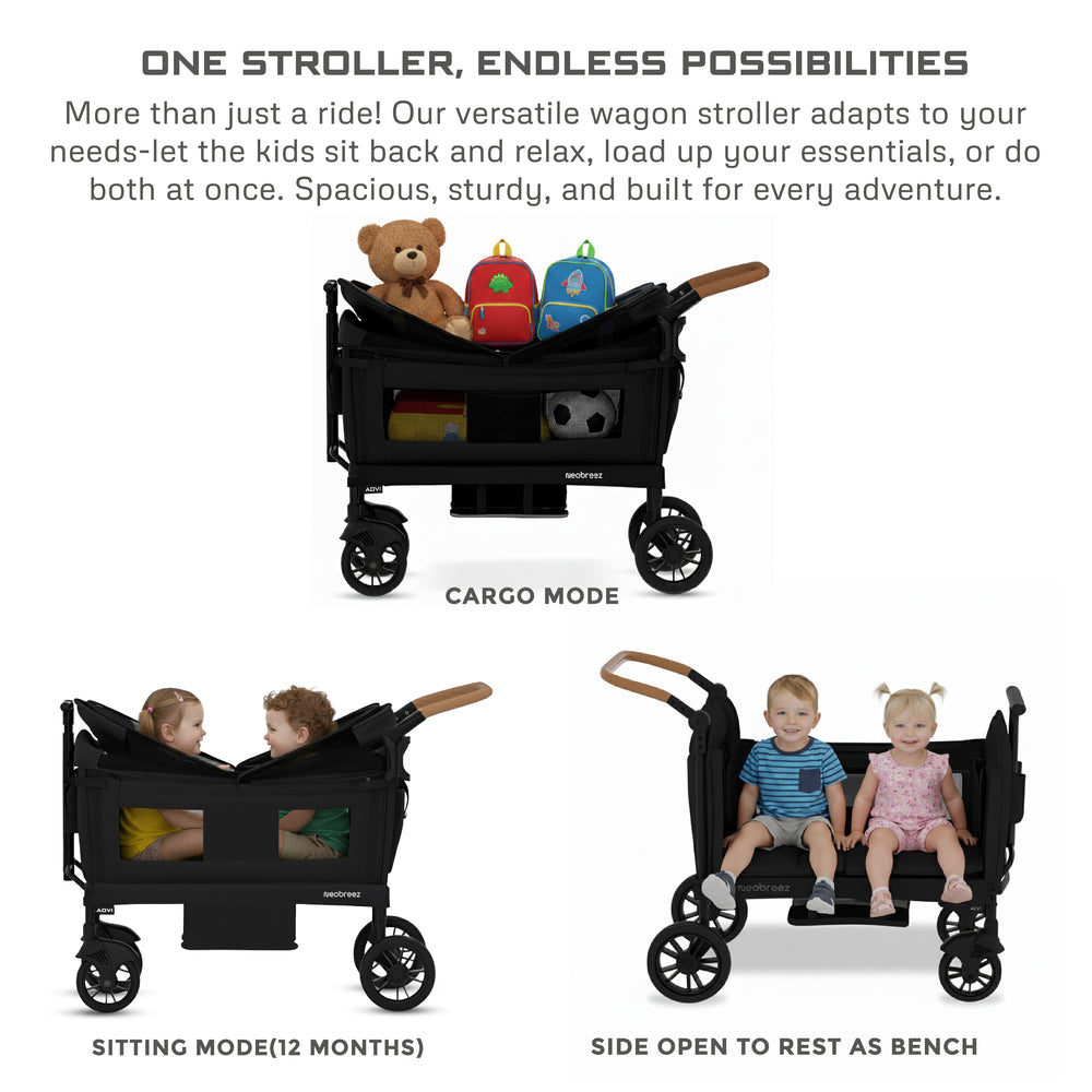 Neobreez ADVI Wagon Cargo Push and Pull Foldable Double Stroller Black