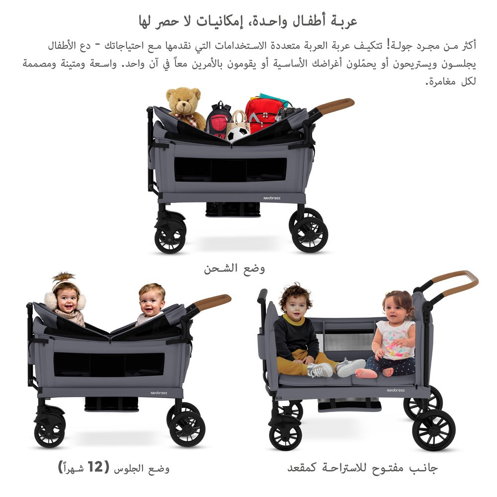 Neobreez ADVI Wagon Cargo Push and Pull Foldable Double Stroller Dark Grey