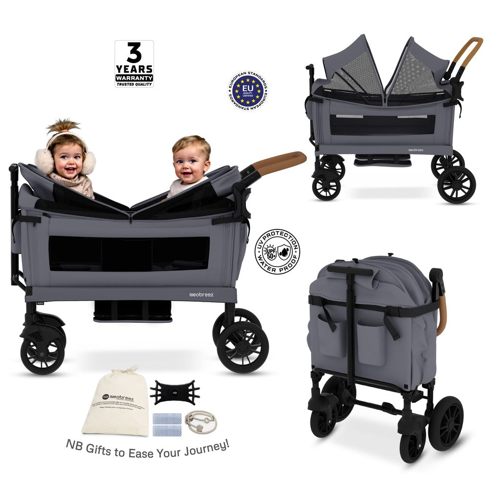Neobreez ADVI Wagon Cargo Push and Pull Foldable Double Stroller Dark Grey