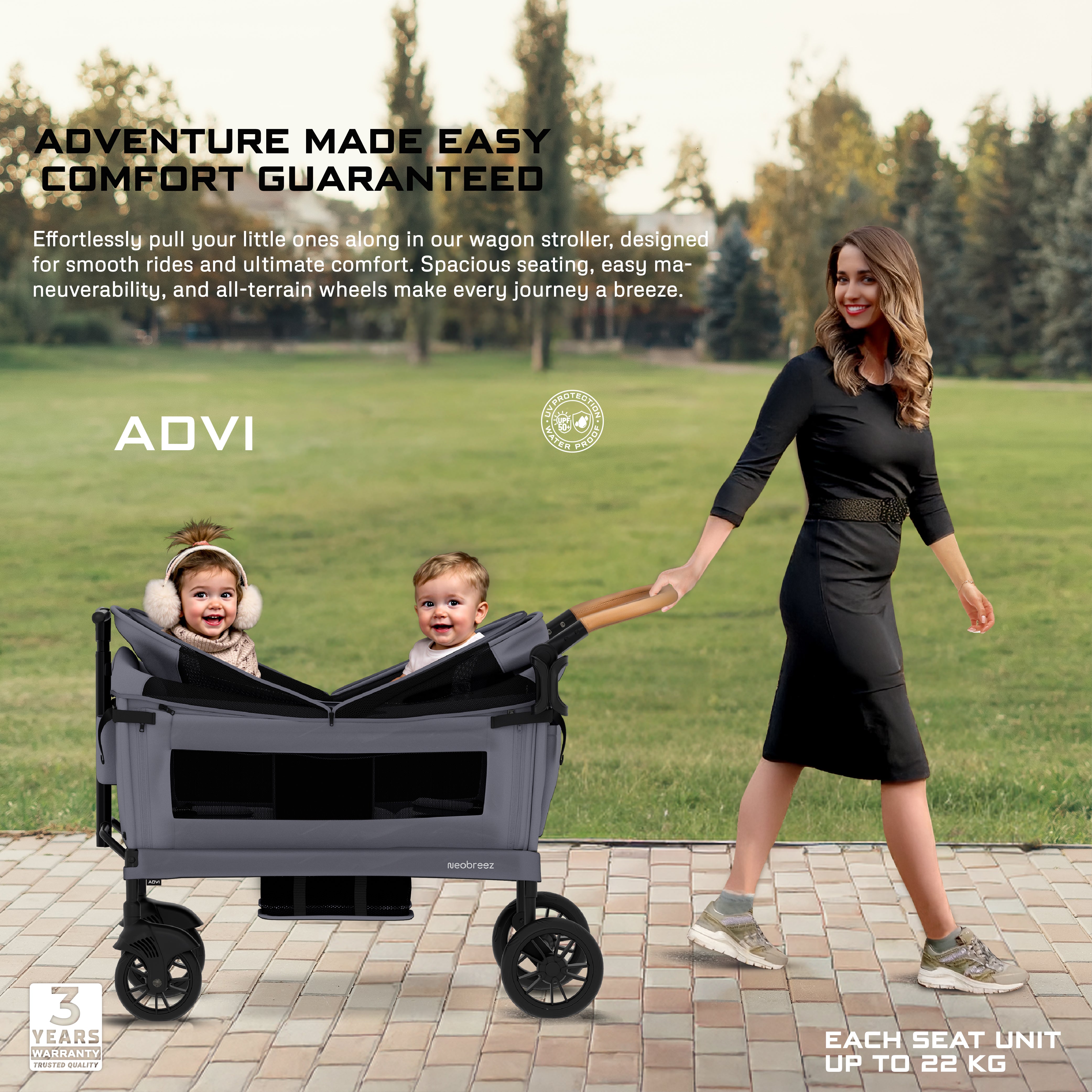 Neobreez ADVI Wagon Cargo Push and Pull Foldable Double Stroller Dark Grey