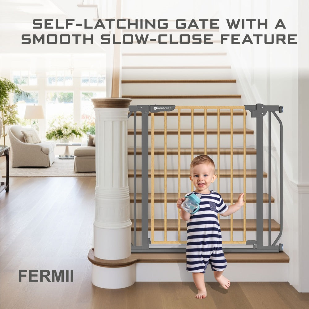 Neobreez FERMII Auto Close Baby Gate No Drill Stair Barrier 75-110cm Grey