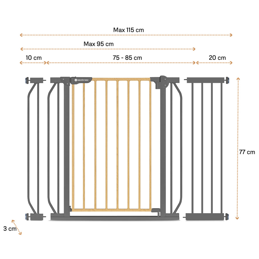 Neobreez FERMII Auto Close Baby Gate No Drill Stair Barrier 75-110cm Grey