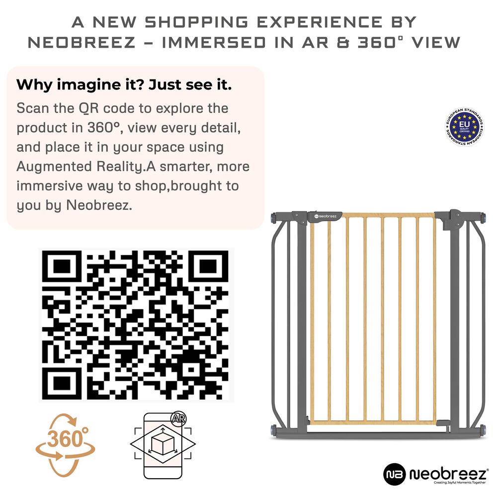 Neobreez FERMII Auto Close Baby Gate No Drill Stair Barrier 75-110cm Grey