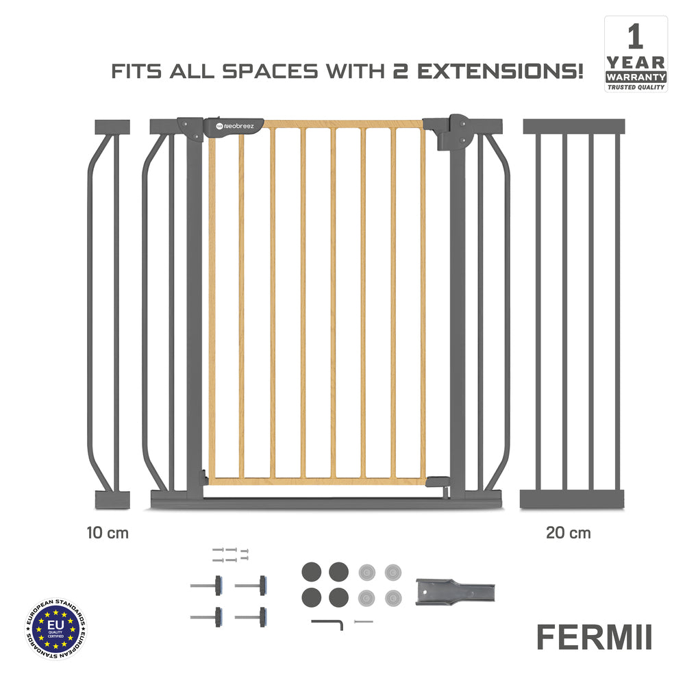 Neobreez FERMII Auto Close Baby Gate No Drill Stair Barrier 75-110cm Grey
