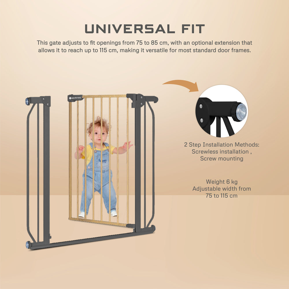 Neobreez FERMII Auto Close Baby Gate No Drill Stair Barrier 75-110cm Grey