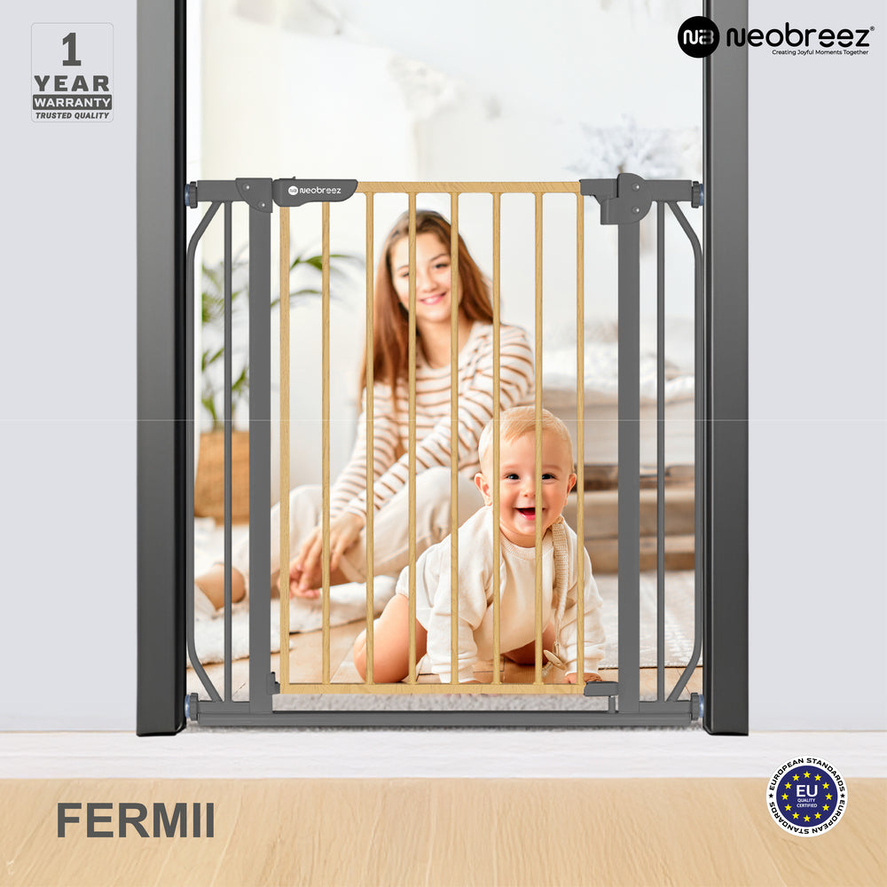 Neobreez FERMII Auto Close Baby Gate No Drill Stair Barrier 75-110cm Grey