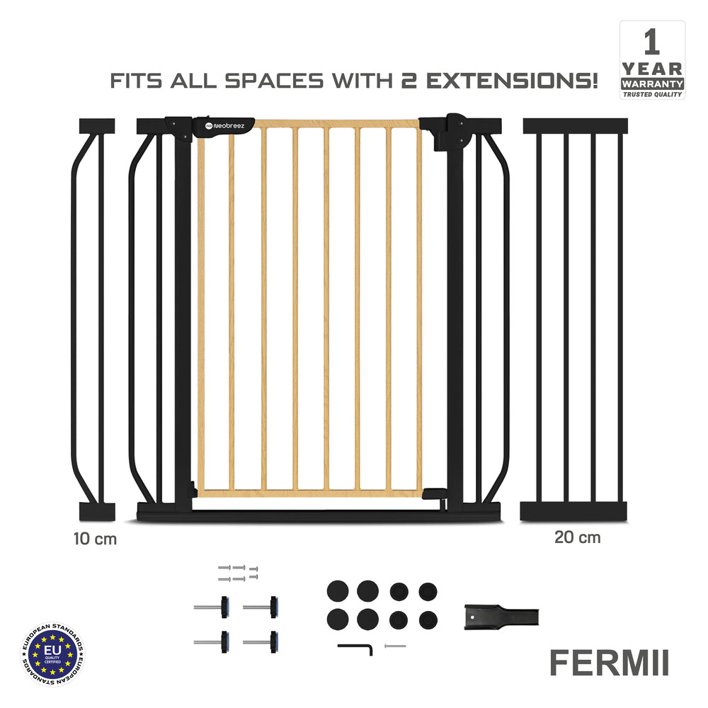 Neobreez FERMII Auto Close Baby Gate No Drill Stair Barrier 75-110cm Black