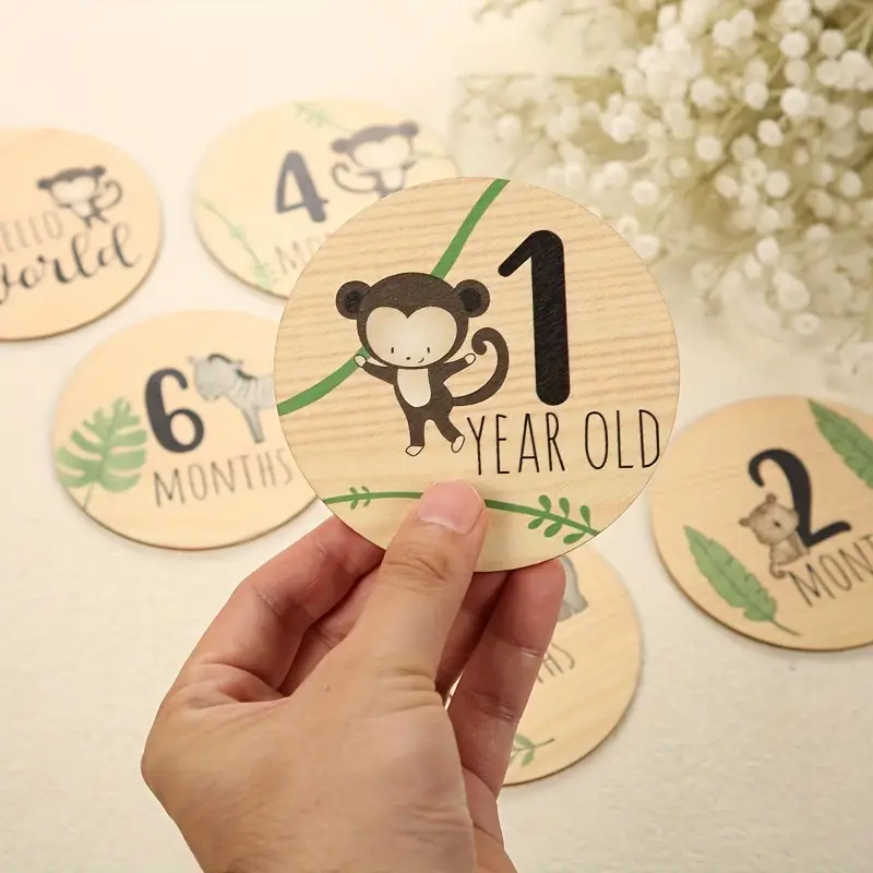 Wooden Baby Monthly Double Sided Milestone Cards With Animal Prints