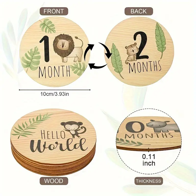 Wooden Baby Monthly Double Sided Milestone Cards With Animal Prints