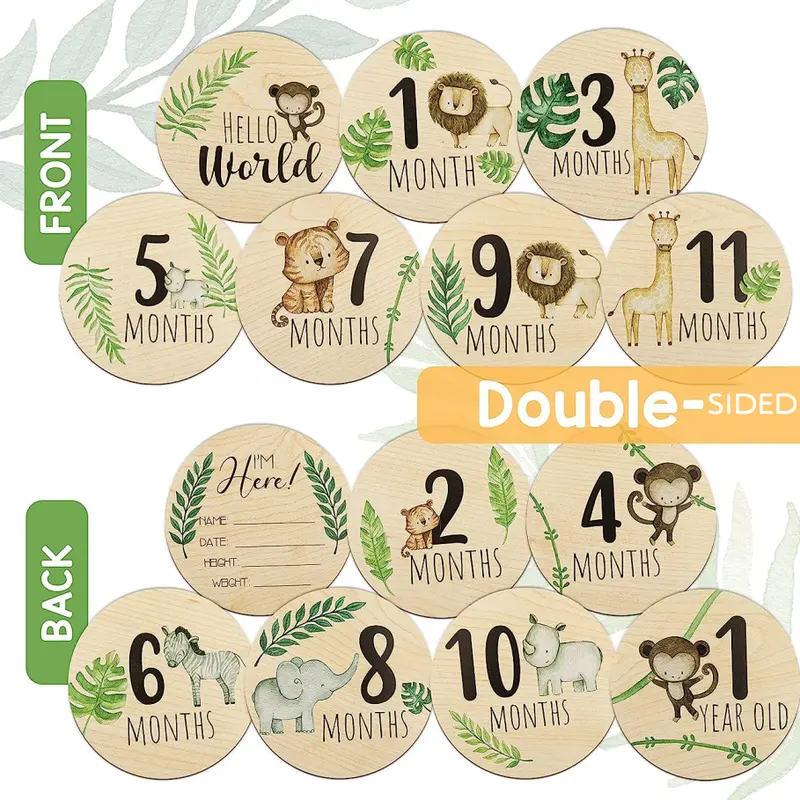 Wooden Baby Monthly Double Sided Milestone Cards With Animal Prints