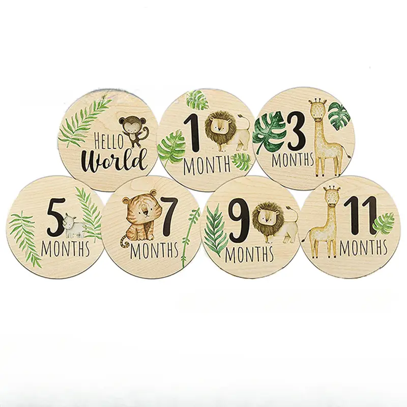 Wooden Baby Monthly Double Sided Milestone Cards With Animal Prints