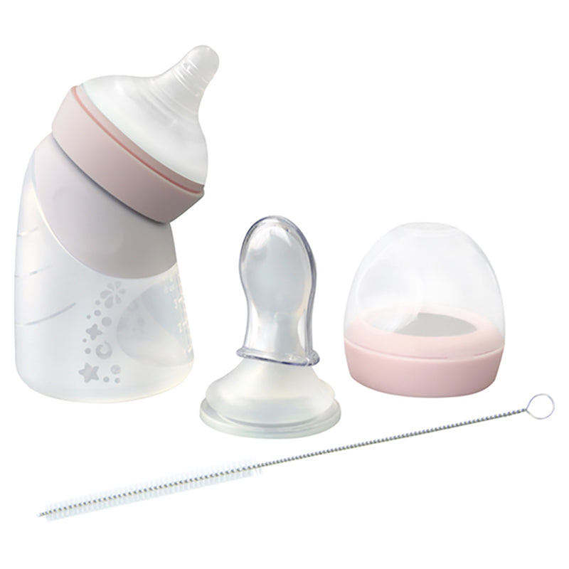 Marcus N Marcus  Silicone Angled Feeding Bottle And Spoon Set  Peach