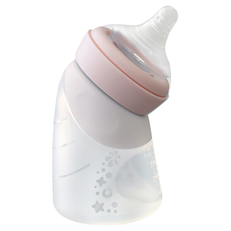 Marcus N Marcus  Silicone Angled Feeding Bottle And Spoon Set  Peach