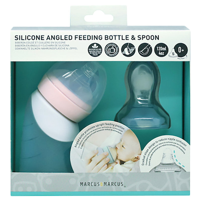 Marcus N Marcus  Silicone Angled Feeding Bottle And Spoon Set  Peach