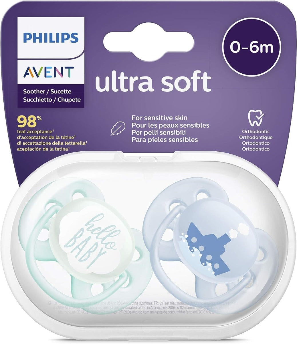 Avent Ultra Soft Pacifier Soother New Born to 6 Months 2pcs Pack Blue