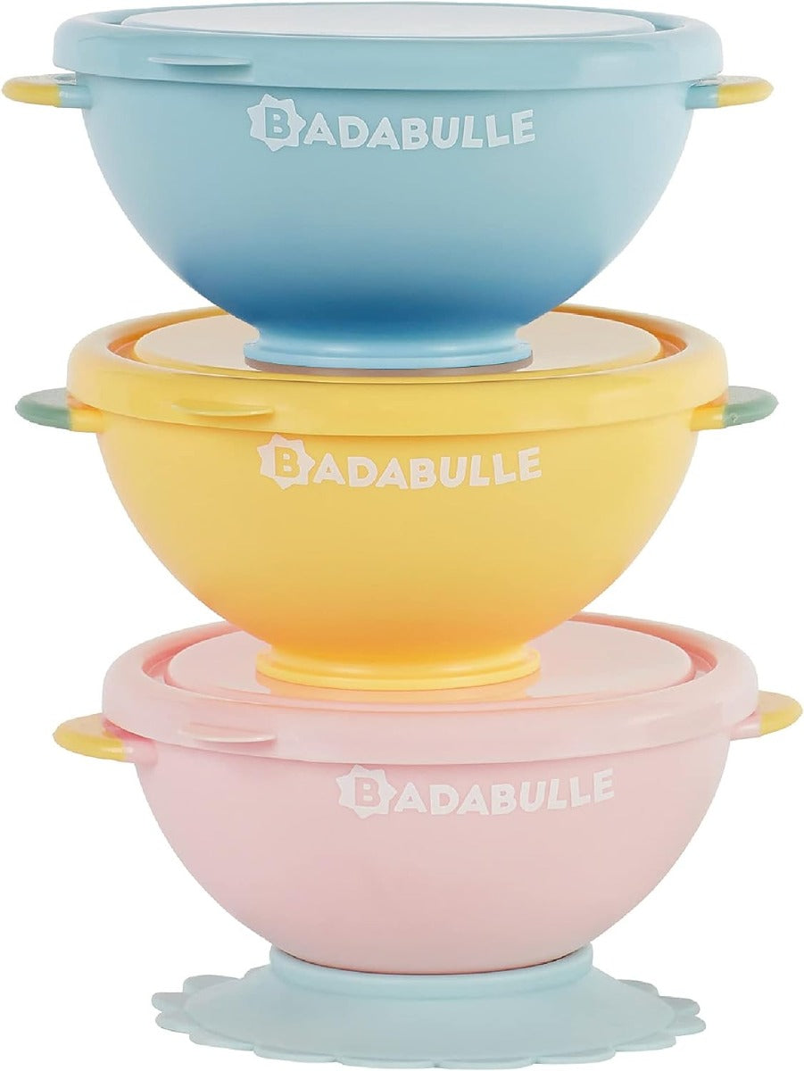 Badabulle Set of 3 Funcolors Bowls with lid and 1 Non Slip Suction Base 330ml