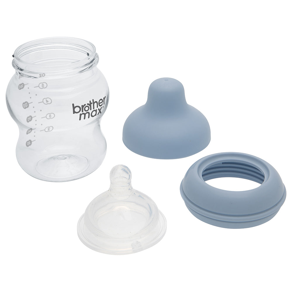 Brother MaxÂ  Extra Wide Neck Glass Feeding Bottle 160Ml/5Oz + S Teat Blue