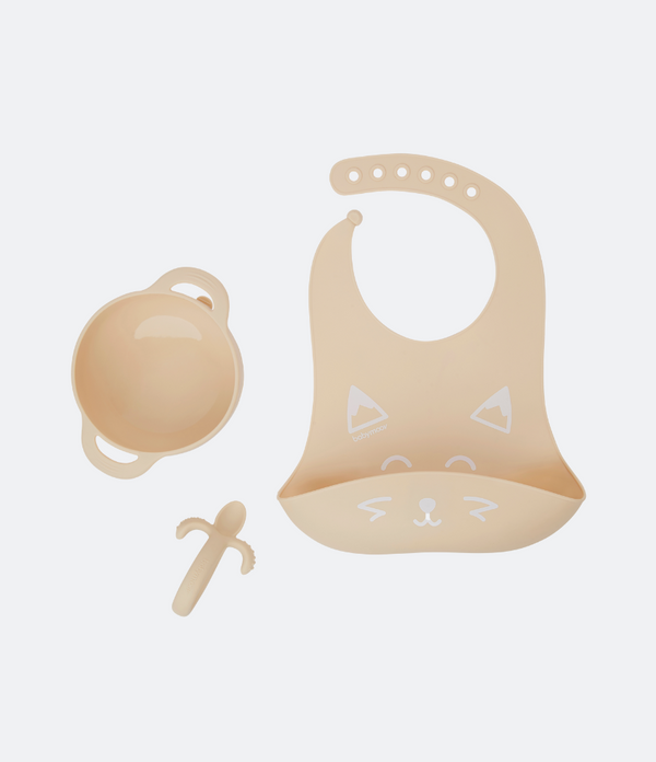 Babymoov First Easy 3pcs Silicone Bowl Spoon & Bib Baby Weaning Set Beige