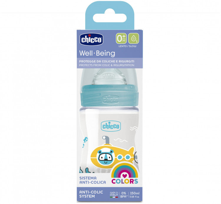 Chicco Baby Well Being Feeding Bottle For Boys - 150ML - Slow Flow - Silicone