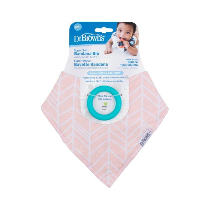 Dr.Browns Bandana Bib W/ Teether  1 Pack  Herringbone Pink W/ Turquoise Teether