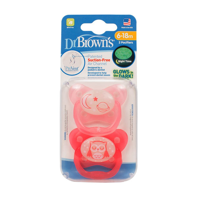 Dr Browns Prevent Glow in the Dark BUTTERFLY SHIELD Pacifier Stage 1 Pink Pack of 2