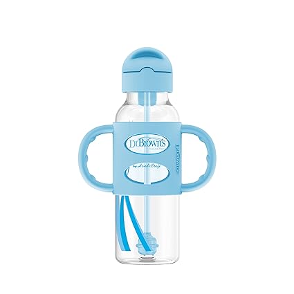 Dr Browns Milestones Narrow Sippy Straw Bottle with Silicone Handles 8oz Blue