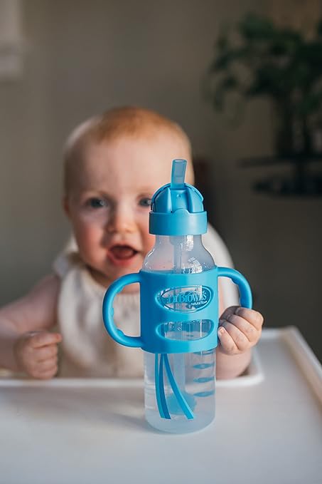 Dr Browns Milestones Narrow Sippy Straw Bottle with Silicone Handles 8oz Blue